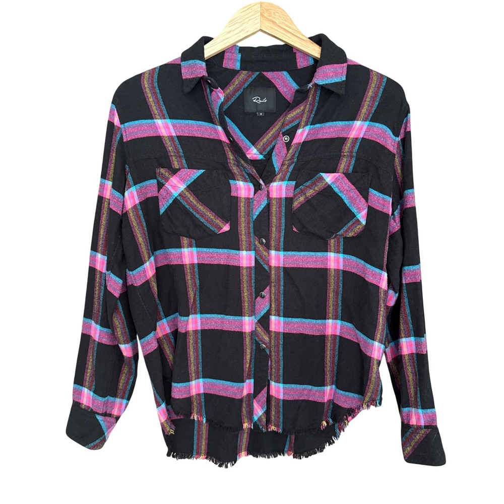 Rails Hunter Plaid Button Down Shirt Womens Small Black Pink Blue Frayed Hem